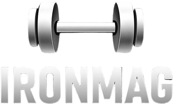 Silver dumbbell and 'IRONMAG' text on a black background